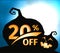 Pumpkin silhouette on dark blue sky with full moon. Halloween 20 percent off, sale banner. Holiday offer, autumn