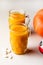 Pumpkin Smoothie or Healthy Pumpkin Juice in Glasses on Yellow Background Healthy Detox Drink Autumn Beverage