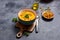 Pumpkin soup with baked chickpeas, healthy vegan eating, autumn dinner, vegetarian food