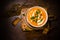 Pumpkin soup croutons parsley pumpkin seeds cream dark arrangement