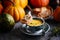 Pumpkin soup with liver pate toast.style rustic