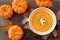 Pumpkin soup, overhead rustic autumn table scene