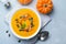Pumpkin Soup with Pumpkin Seeds and Paprika, Delicious Vegan Meal, Vegetarian Food