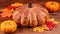 Pumpkin sourdough bread with small pumpkins and autumnal leaves on a wooden background
