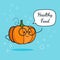 Pumpkin with speech bubble. Balloon sticker. Cool vegetable. Vector illustration. Pumpkin clever nerd character. Healthy food conc