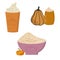 Pumpkin spice drinks set, seasonal trendy hot pumpkin latte in paper or glass and cup