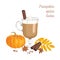 Pumpkin Spice Latte in glass cup. Vector autumn illustration of seasonal coffee drink