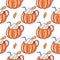 Pumpkin spice latte mug seamless pattern. Hand drawn vector illustration. Isolated on white background. Cartoon style