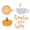 Pumpkin spice latte, orange trendy drink cup top and side view and orange small pumpkin