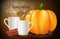 Pumpkin spice latte. Vector realistic coffee cups and spices. Pumpkin latte time banner