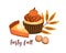 Pumpkin spice pastry flat vector illustration. Delicious fall season desserts and leaf composition with lettering. Tasty