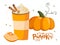 Pumpkin spice seasonal flavored products. Pumpkin latte, pumpkin vegetable. Food and drinks isolated. Autumn delicious
