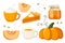 Pumpkin spice seasonal flavored products. Pumpkin, pie, jam, latte. Food and drinks isolated. Autumn delicious sweet