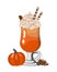 Pumpkin spiced latte or coffee in glass. Autumn or winter hot drink on on white background. Vector illustration