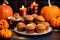 pumpkin spiced muffins with pumpkin-shaped candy on top