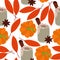 Pumpkin spices latte seamless pattern, glasses with a drink and autumn elements on a white background