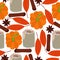 Pumpkin spices latte seamless pattern, glasses with a drink and autumn elements on a white background