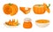 Pumpkin Sweet Dishes Vector Set. Homemade Autumn Desserts Collection