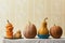 Pumpkin on a table of various varieties and shapes.