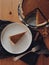 Pumpkin tart on rustic table, Happy Thanksgiving! Homemade pumpkin pie slice on stylish plate
