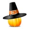 Pumpkin wearing old-fashioned black hat