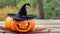 A pumpkin with a witch\\\'s hat sitting on the top of wooden table in outdoor