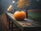 Pumpkin on a Wooden Rail, Fall, Autumn, Close Up, Table, Forest, Outside Halloween Party AI Generated