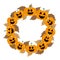 Pumpkin wreath with autumn leaves, on white background.