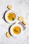 Pumpking soup served with bread top view