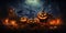 Pumpkins against the backdrop of a mysterious scary castle and a gloomy forest. Halloween banner