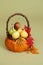 Pumpkins and Apples in Baskets on Wood Bench