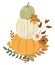 Pumpkins, autumn leaves and flowers arrangement. Harvest festival card