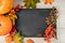 Pumpkins, berries and fallen leaves with chalk mock up blackboard frame on wooden background. Copy space for text. Halloween,