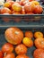 Pumpkins in boxes in the store. Preparing for Halloween