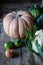 pumpkins, cauliflower, green tomatos, onion on the old wooden background