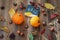 Pumpkins with colorful leaves and board inscription Fall. Autumn, Thanksgiving concept