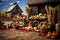 Pumpkins, corn, herbs, squashes at rustic wooden barn in village. Harvest in countryside concept.Thanksgiving. Flat stylish