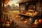 Pumpkins, corn, herbs, squashes at rustic wooden barn in village. Harvest in countryside concept.Thanksgiving. Flat stylish