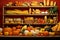 Pumpkins, corn, herbs, squashes and vegetables in baskets on wooden shelves in rural store or pantry. Organic food concept.