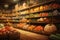 Pumpkins, corn, herbs, squashes and vegetables in baskets on wooden shelves in rural store or pantry. Organic food concept.