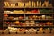 Pumpkins, corn, herbs, squashes and vegetables in baskets on wooden shelves in rural store or pantry. Organic food concept.