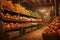 Pumpkins, corn, herbs, squashes and vegetables in baskets on wooden shelves in rural store or pantry. Organic food concept.