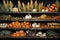 Pumpkins, corn, herbs, squashes and vegetables in baskets on wooden shelves in rural store or pantry. Organic food concept.