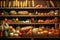 Pumpkins, corn, herbs, squashes and vegetables in baskets on wooden shelves in rural store or pantry. Organic food concept.