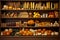 Pumpkins, corn, herbs, squashes and vegetables in baskets on wooden shelves in rural store or pantry. Organic food concept.