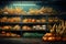 Pumpkins, corn, herbs, squashes and vegetables in baskets on wooden shelves in rural store or pantry. Organic food concept.