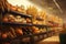 Pumpkins, corn, herbs, squashes and vegetables in baskets on wooden shelves in rural store or pantry. Organic food concept.