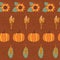 Pumpkins, corn, sunflowers, wheat, crop on textured brown background. Seamless repeating vector pattern. Autumn, fall