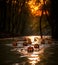 Pumpkins floating in the river on a Halloween, sunset scene of the river and forest, AI generated illustration