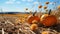 A pumpkins and flowers on bales of hay. Generative AI.